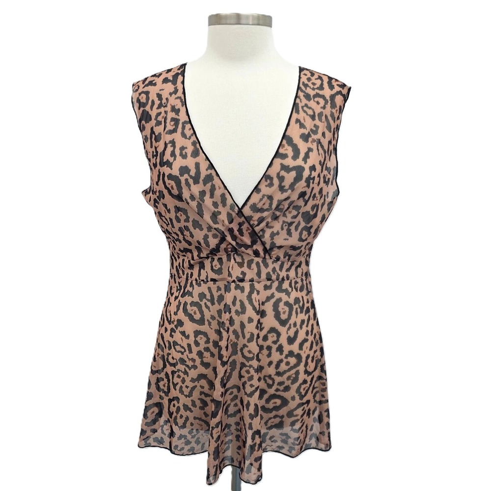 Womens 0XL Brown Leopard Sheer Mesh V Neck Sleeveless Top‎ Y2K Baddie Style